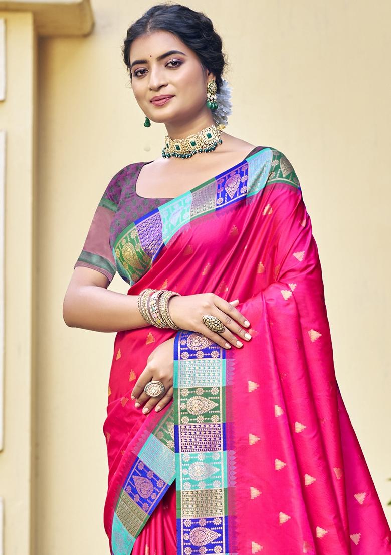 Rani Pink Jacquard Silk Saree Set