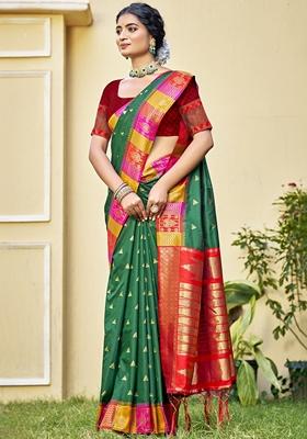 Dark Green Jacquard Silk Saree Set