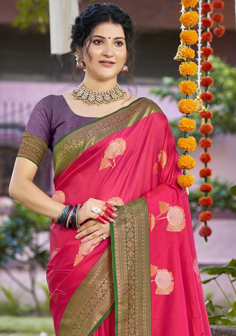 Rani Pink Jacquard Silk Saree Set