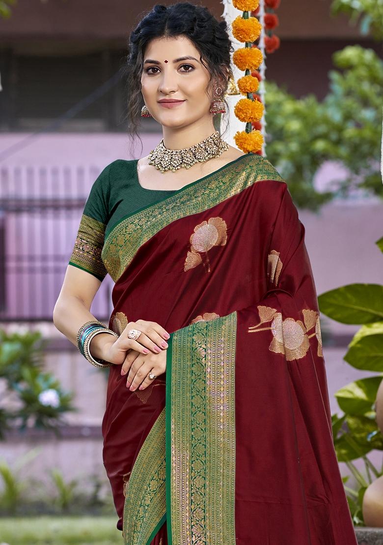 Maroon Jacquard Silk Saree Set