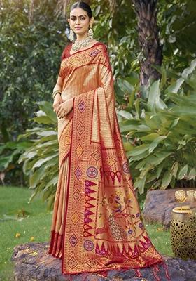 Peach Jacquard Silk Saree Set