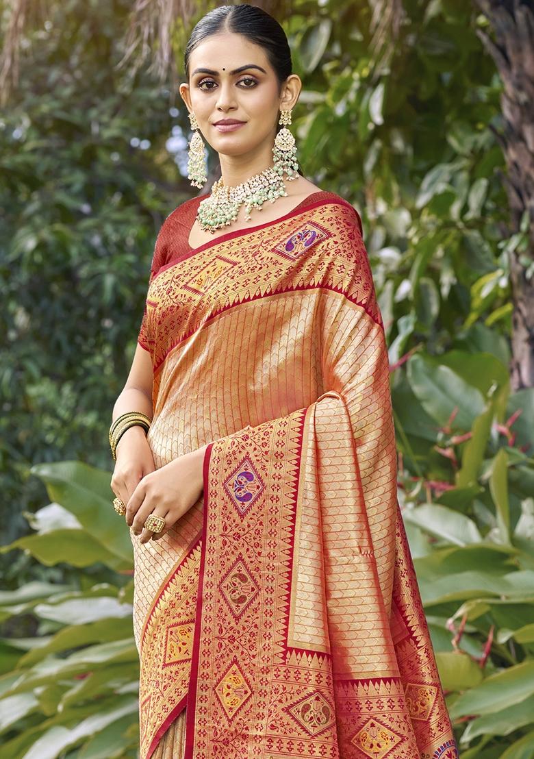 Peach Jacquard Silk Saree Set