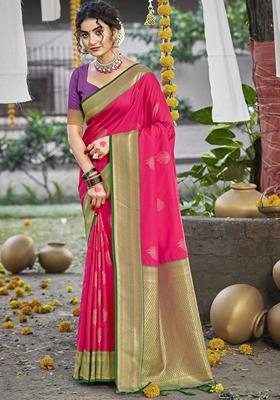 Rani Pink Jacquard Silk Saree Set