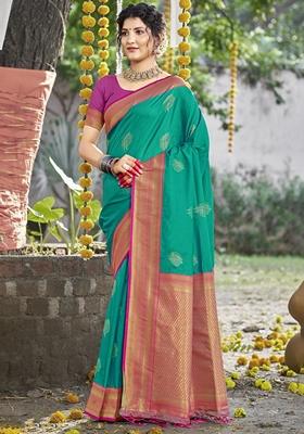 Rama Blue Jacquard Silk Saree Set