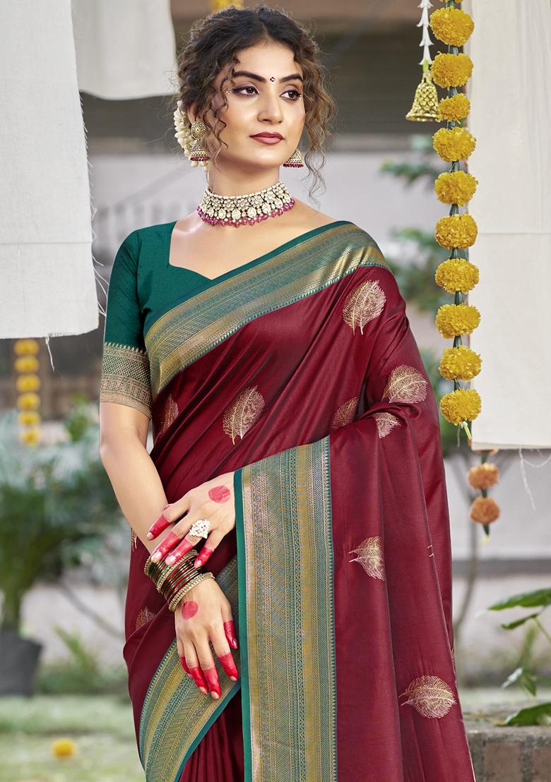 Maroon Jacquard Silk Saree Set