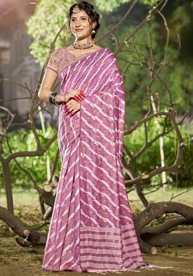 Pink Leheriya Print Linen Cotton Saree Set