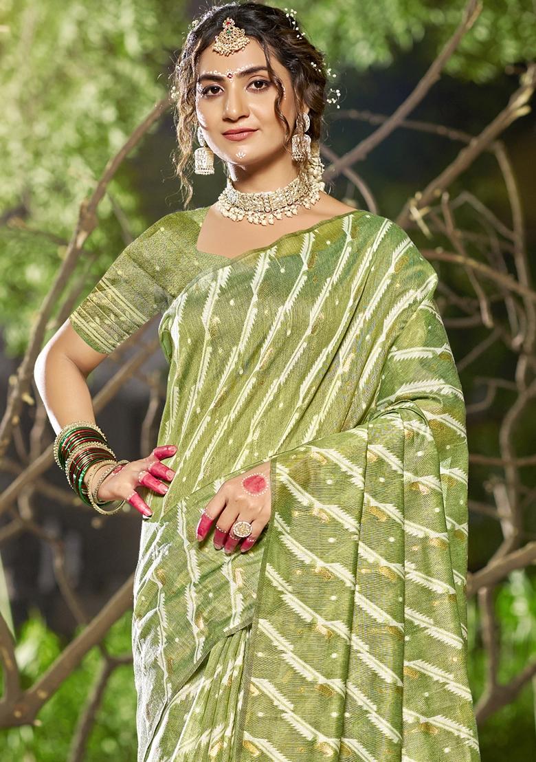 Pista Green Leheriya Print Linen Cotton Saree Set