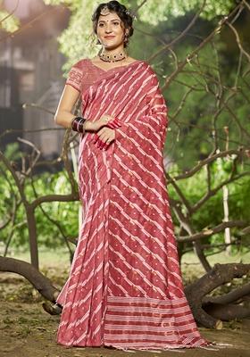 Dusty Rose Pink Leheriya Print Linen Cotton Saree Set