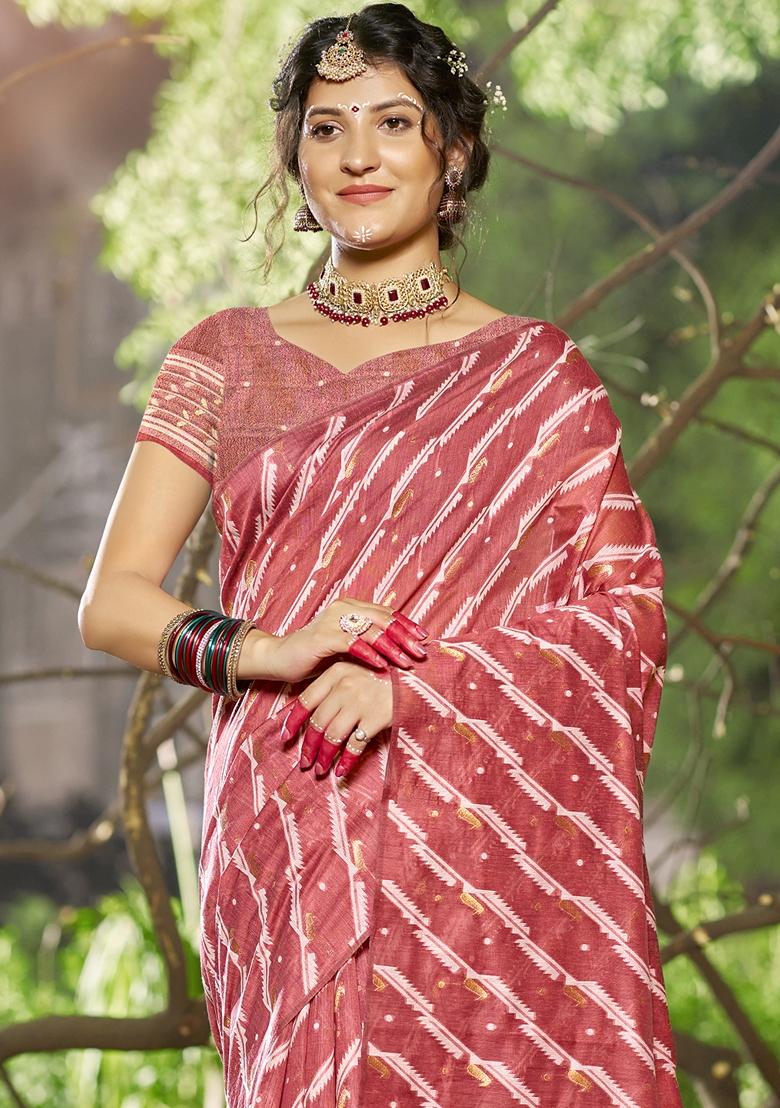 Dusty Rose Pink Leheriya Print Linen Cotton Saree Set
