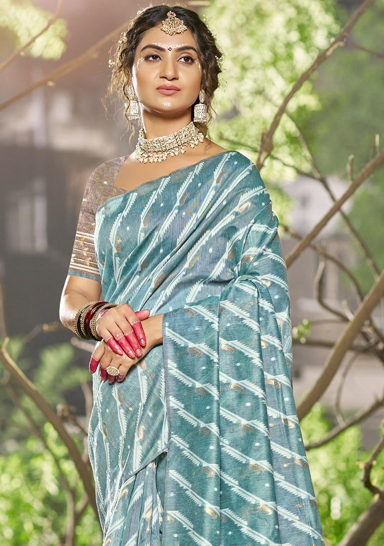 Sky Blue Leheriya Print Linen Cotton Saree Set