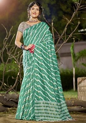 Sea Green Leheriya Print Linen Cotton Saree Set