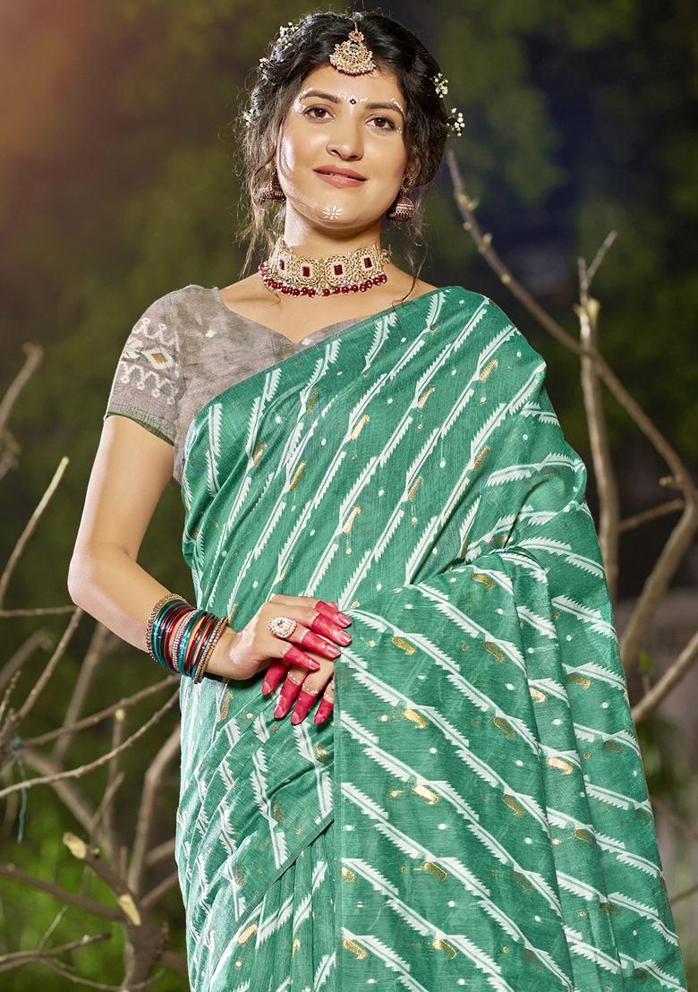 Sea Green Leheriya Print Linen Cotton Saree Set