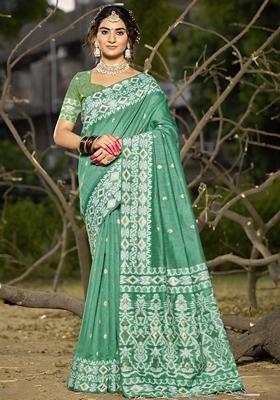 Sea Green Jacquard Linen Cotton Saree Set