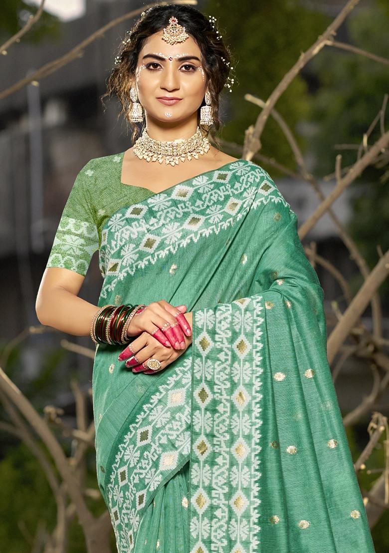 Sea Green Jacquard Linen Cotton Saree Set