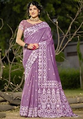 Purple Jacquard Linen Cotton Saree Set