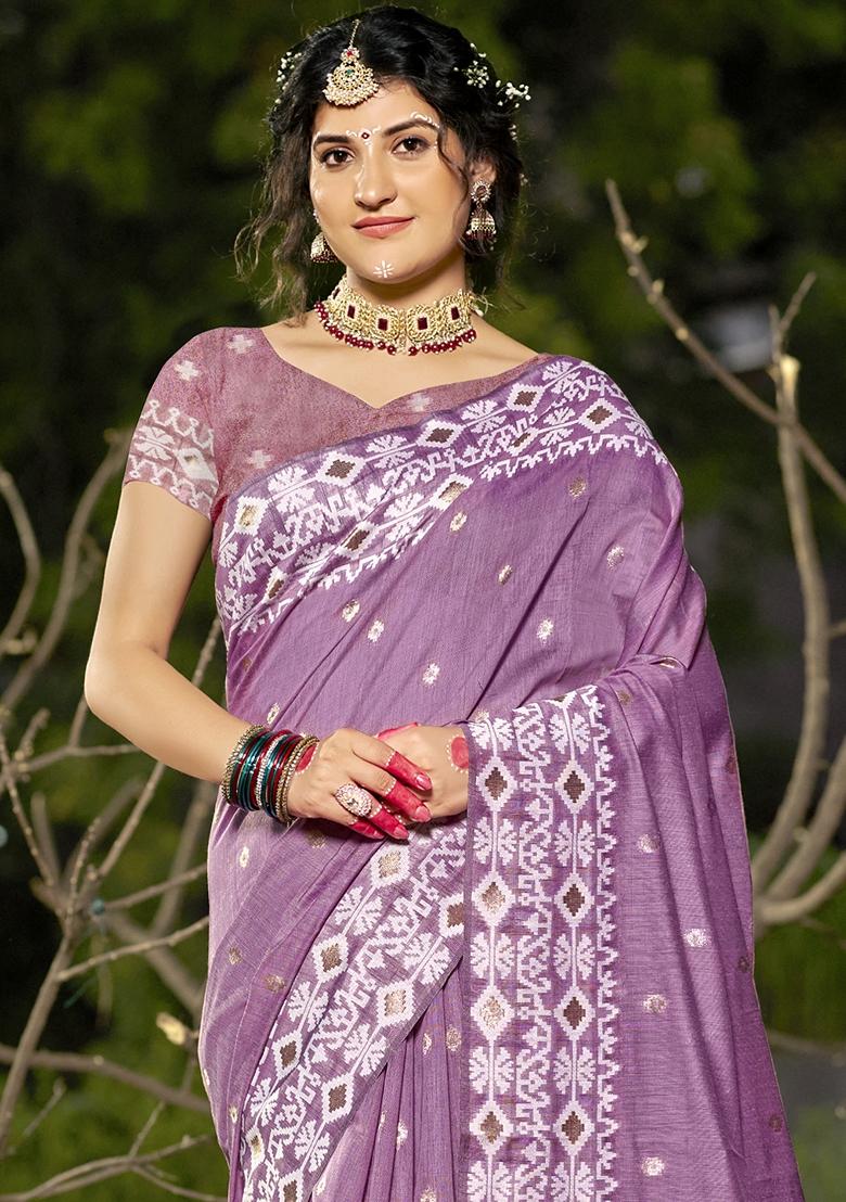 Purple Jacquard Linen Cotton Saree Set