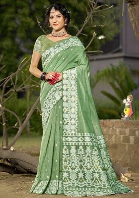 Pista Green Jacquard Linen Cotton Saree Set