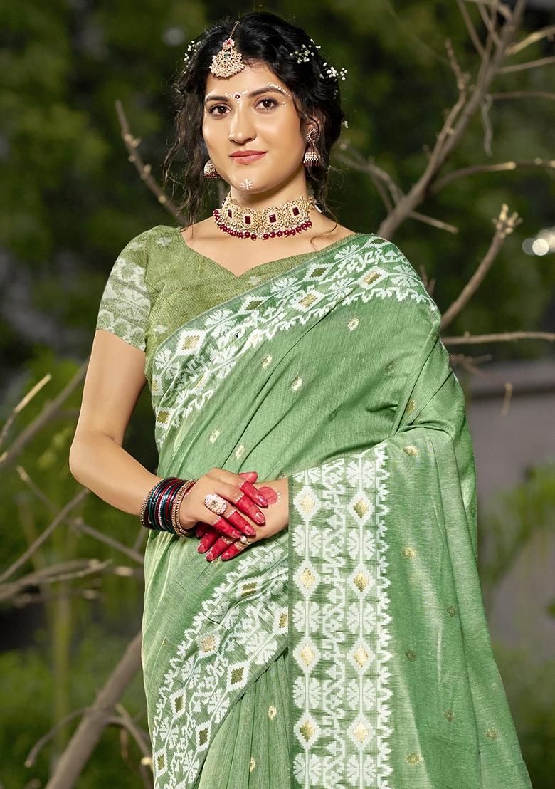 Pista Green Jacquard Linen Cotton Saree Set