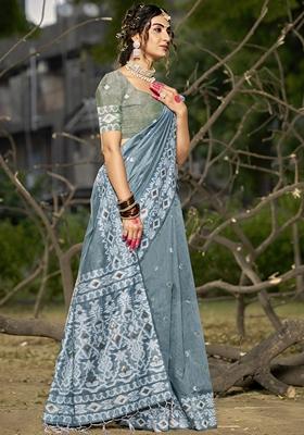 Grey Jacquard Linen Cotton Saree Set