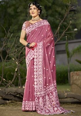Pink Jacquard Linen Cotton Saree Set