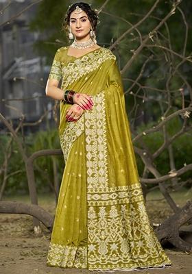 Mehendi Green Jacquard Linen Cotton Saree Set