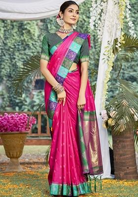Rani Pink Jacquard Silk Saree Set