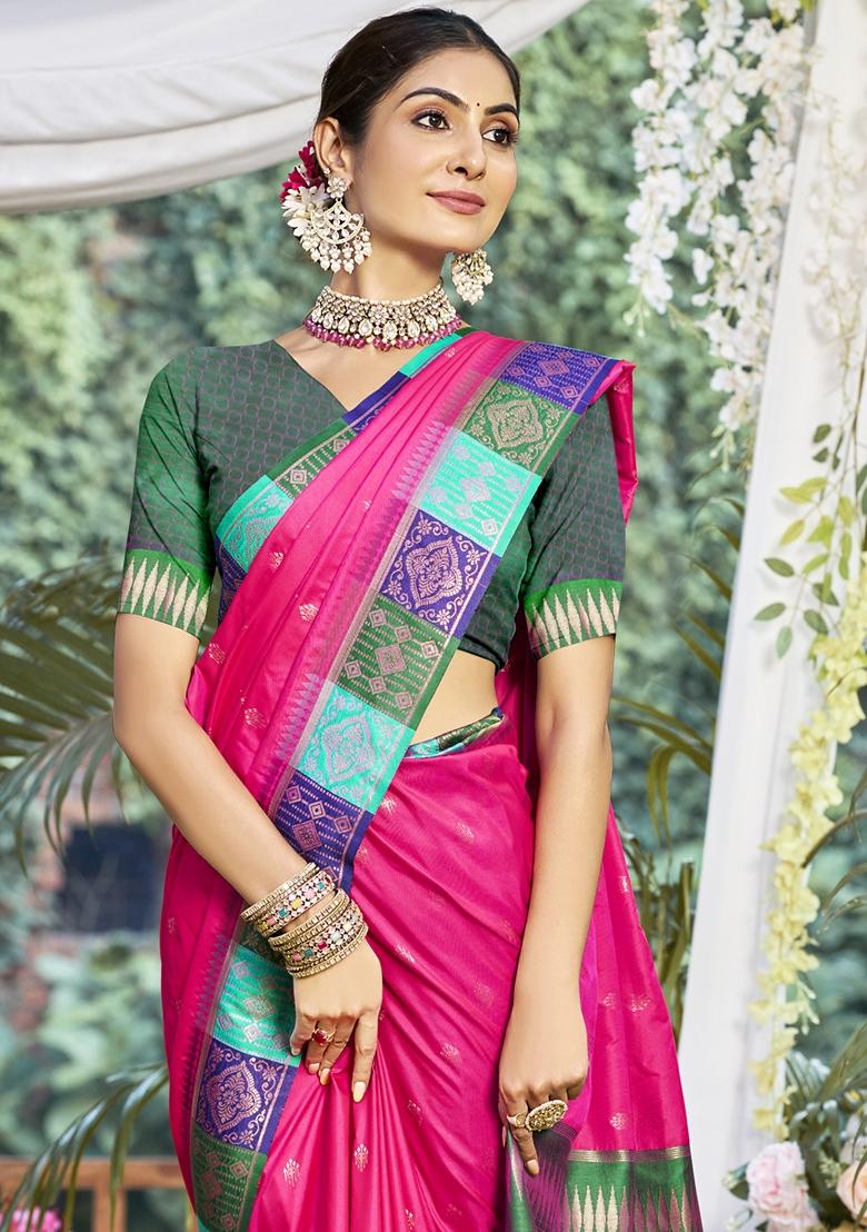 Rani Pink Jacquard Silk Saree Set