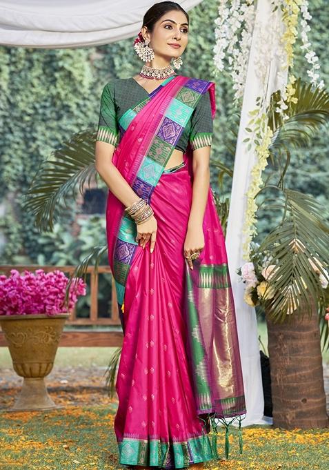 Rani Pink Jacquard Silk Saree Set