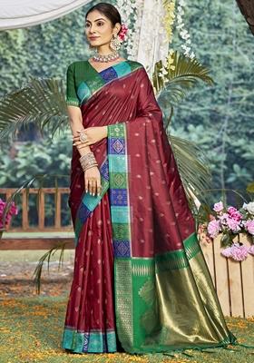 Maroon Jacquard Silk Saree Set