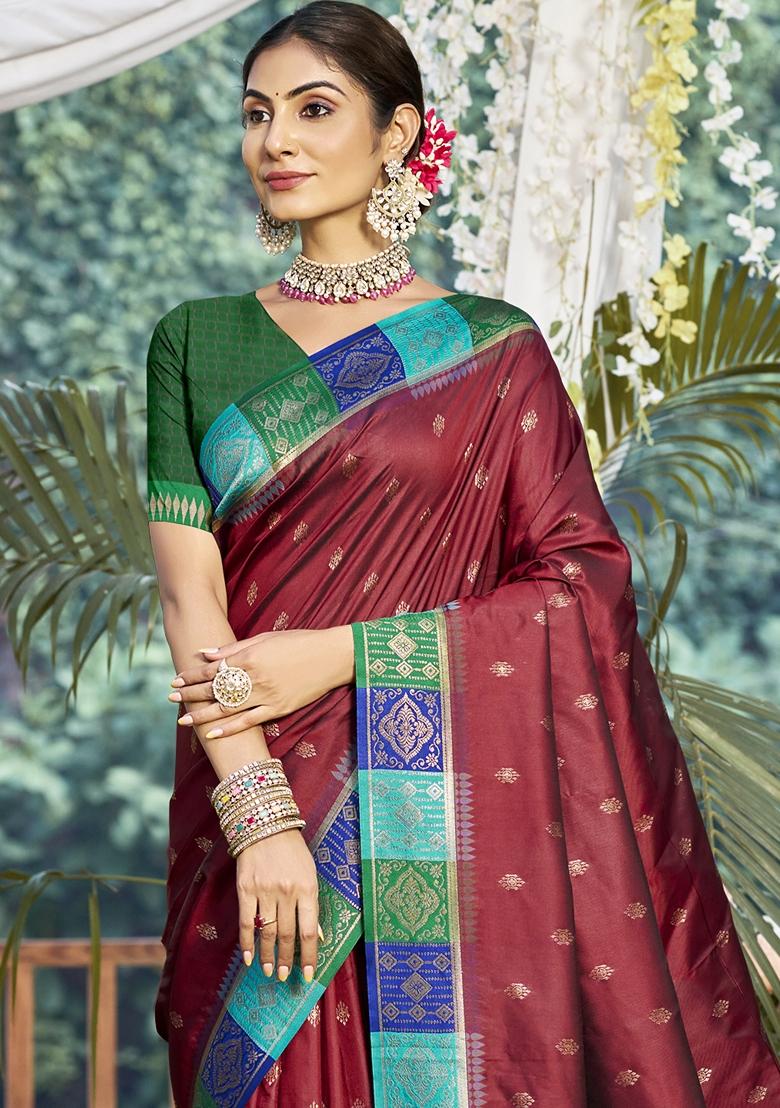 Maroon Jacquard Silk Saree Set