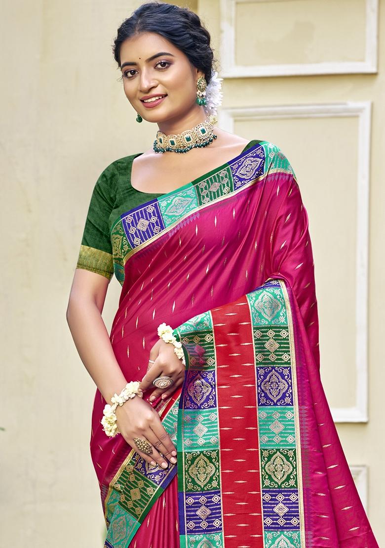 Rani Pink Jacquard Silk Saree Set