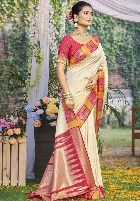 Cream Jacquard Silk Saree Set