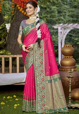 Rani Pink Jacquard Silk Saree Set