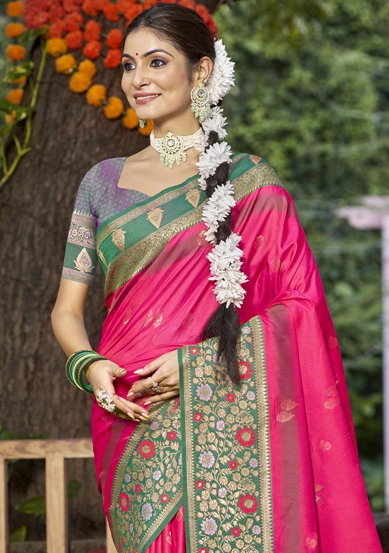 Rani Pink Jacquard Silk Saree Set