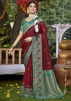 Maroon Jacquard Silk Saree Set