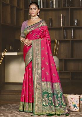 Rani Pink Jacquard Silk Saree Set