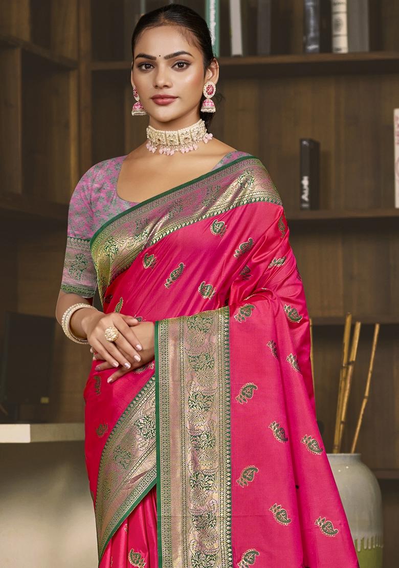 Rani Pink Jacquard Silk Saree Set