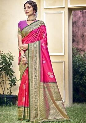 Rani Pink Jacquard Silk Saree Set