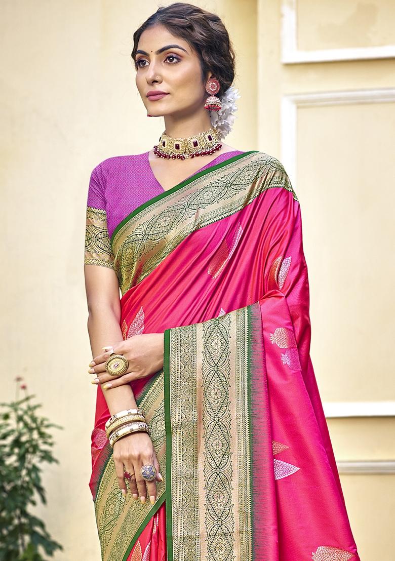 Rani Pink Jacquard Silk Saree Set