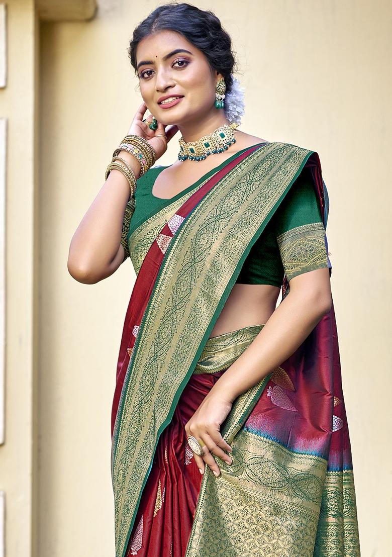 Maroon Jacquard Silk Saree Set
