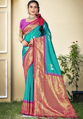 Rama Blue Jacquard Silk Saree Set