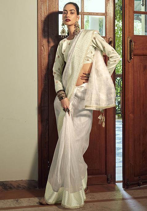 Cream Woven Organza Saree Set