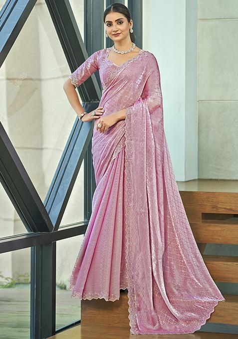 Pink Embellished Silk Blend Saree Set