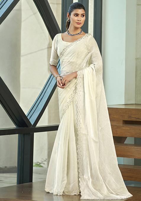 Cream Embellished Silk Blend Saree Set