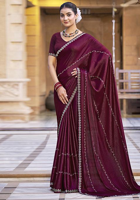 Maroon Embellished Shimmer Chiffon Saree Set