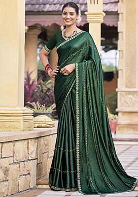 Green Embellished Shimmer Chiffon Saree Set