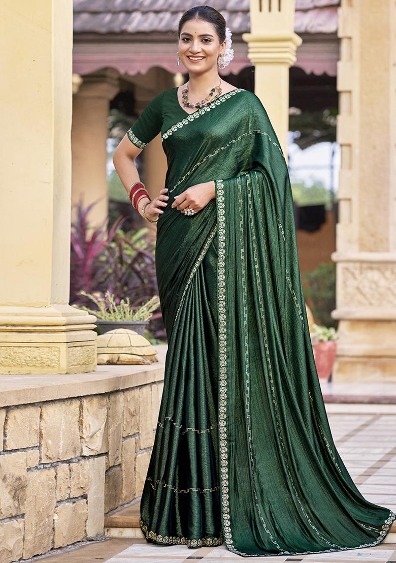 Green Embellished Shimmer Chiffon Saree Set