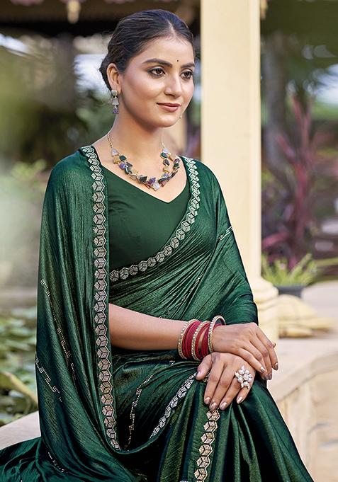 Green Embellished Shimmer Chiffon Saree Set