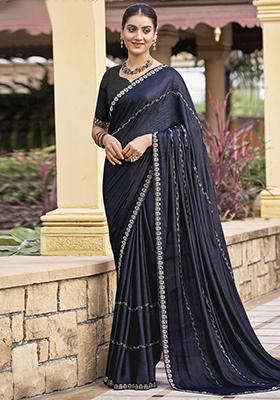 Mid Blue Embellished Shimmer Chiffon Saree Set