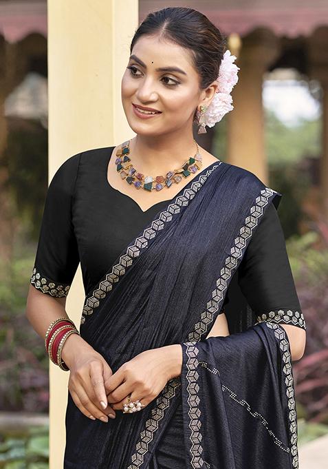 Mid Blue Embellished Shimmer Chiffon Saree Set